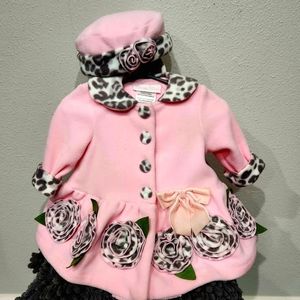 Bonnie Baby Lt Pink Fleece Coat trimmed in exquisite Snow Leppard and Hat 3-6m